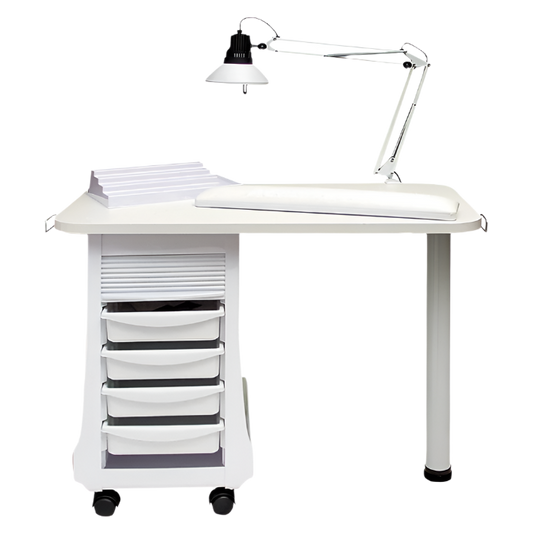 Mesa de Manicura en Madera Blanca con Aspiro y Ruedas – Funcionalidad y Ergonomía