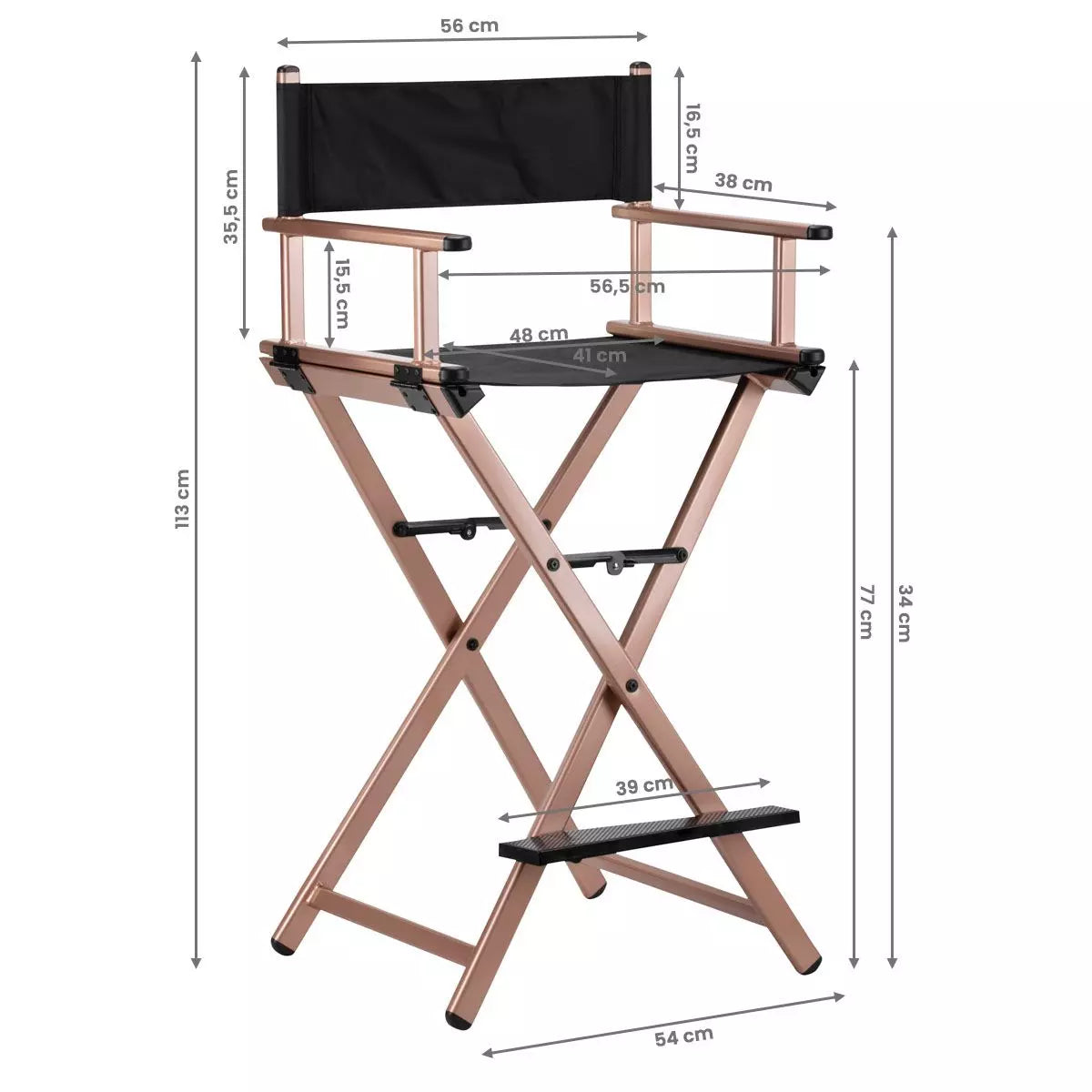 Silla maquillaje plegable con base de color rosa dorada dimensiones