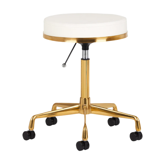 Taburete hidráulico blanco con base dorada