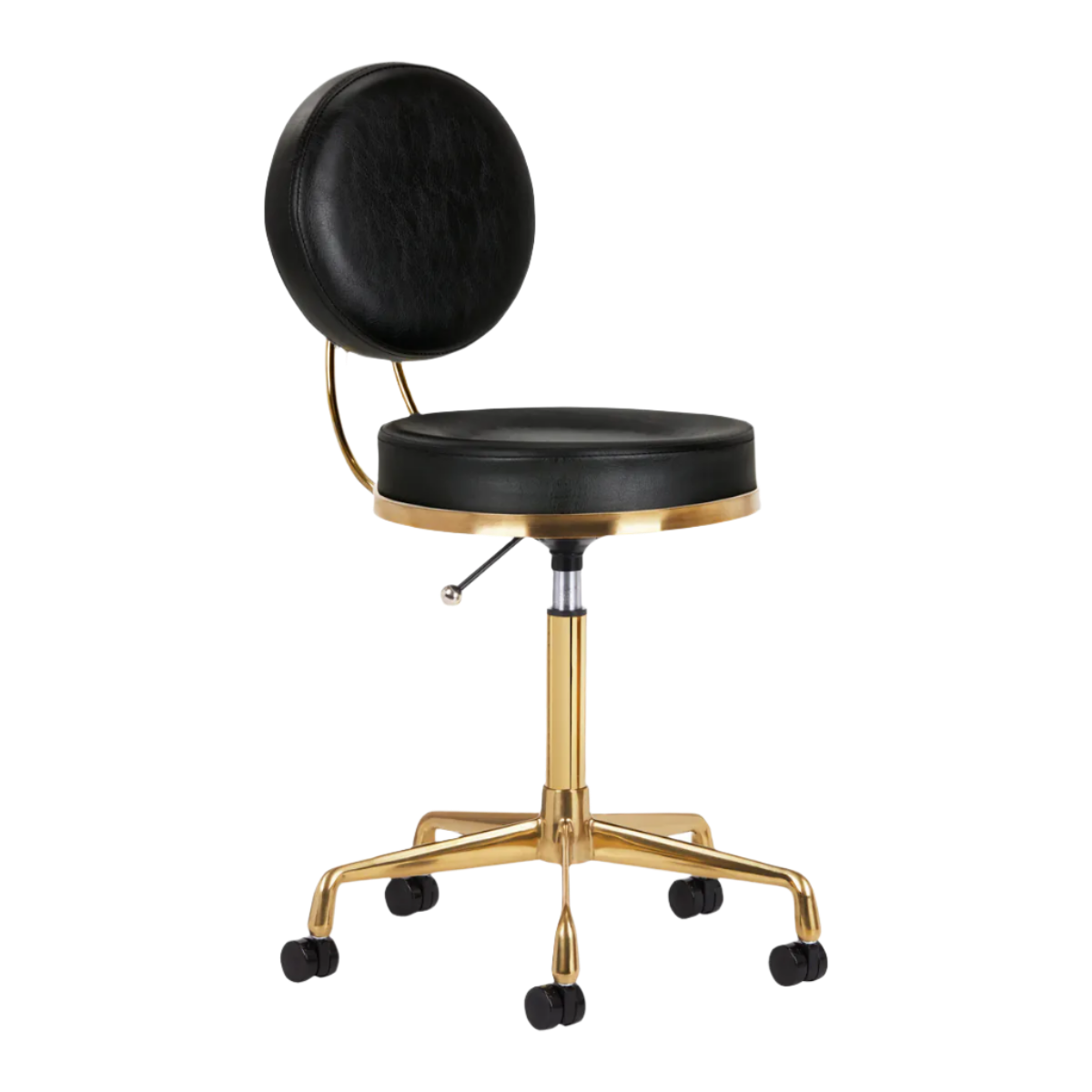 Silla hidráulica negra con respaldo y base dorada de 5 ruedas