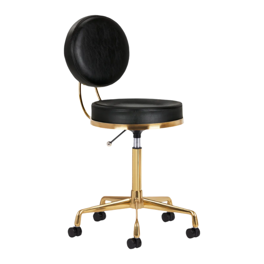 Silla hidráulica negra con respaldo y base dorada de 5 ruedas