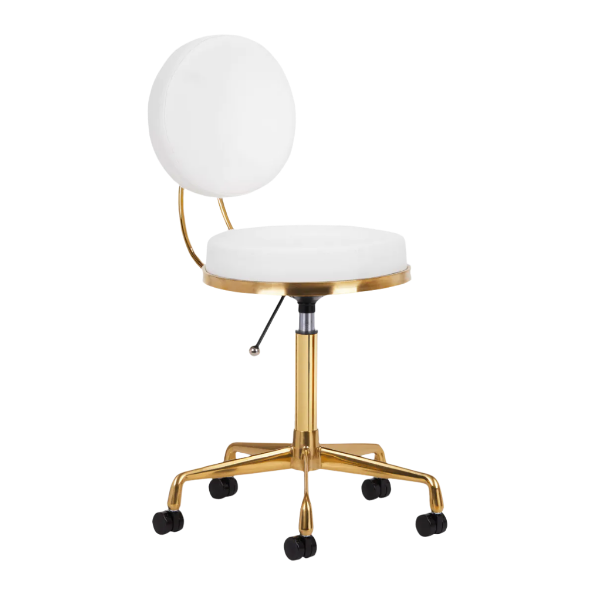 Silla hidráulica blanca con respaldo y base dorada de 5 ruedas