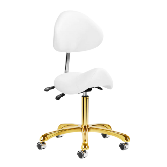Silla rodeo ergonómica blanca ajustable de altura e  inclinación de asiento y respaldo con base dorada de 5 ruedas