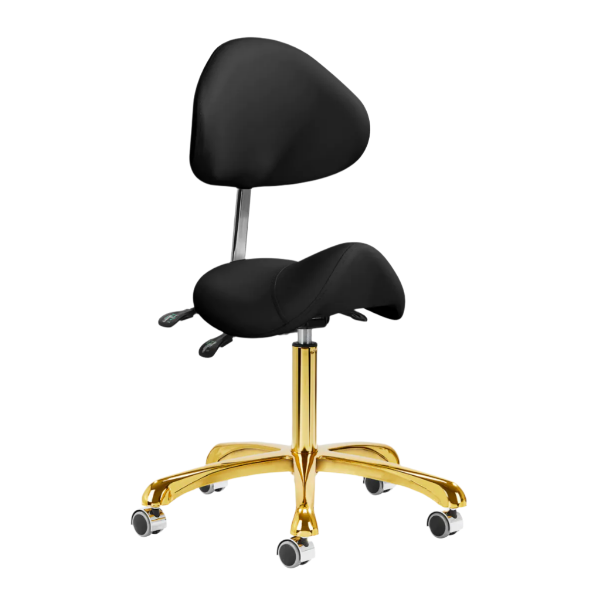 Silla rodeo ergonómica negra ajustable de altura e inclinación de asiento y respaldo con base dorada de 5 ruedas
