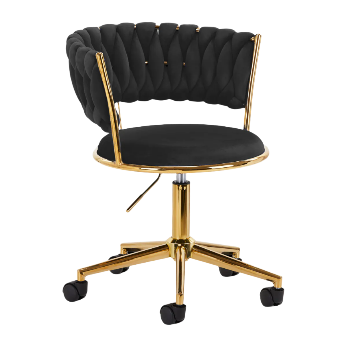 Silla terciopelo negra hidráulica con respaldo y base dorada de 5 ruedas