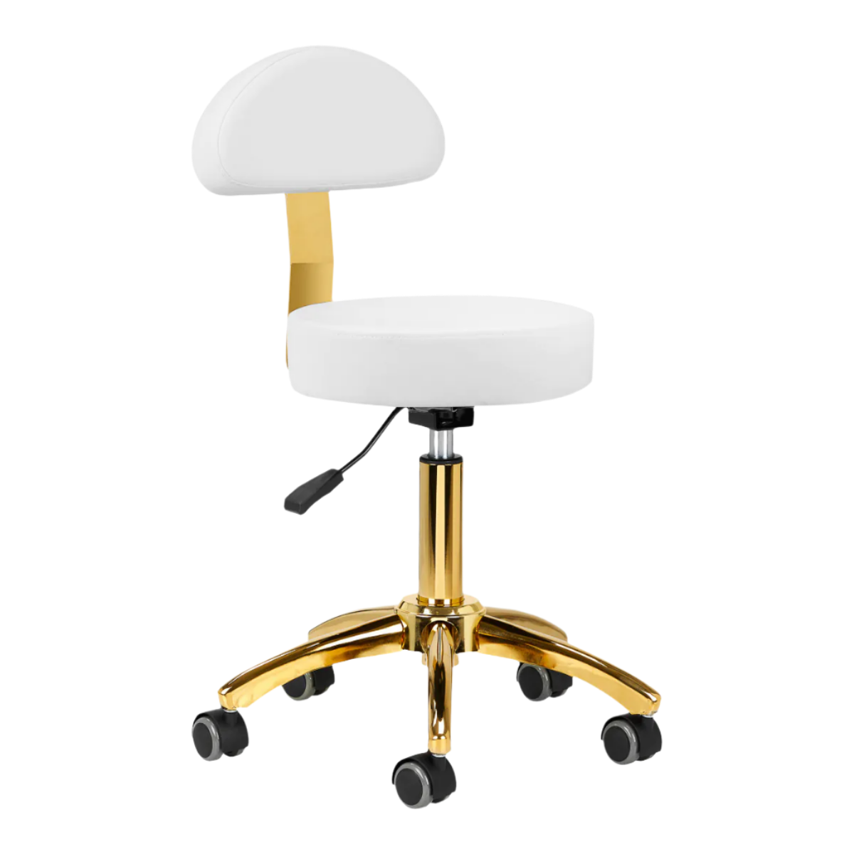 Silla hidráulica blanca con respaldo con base dorada de 5 ruedas