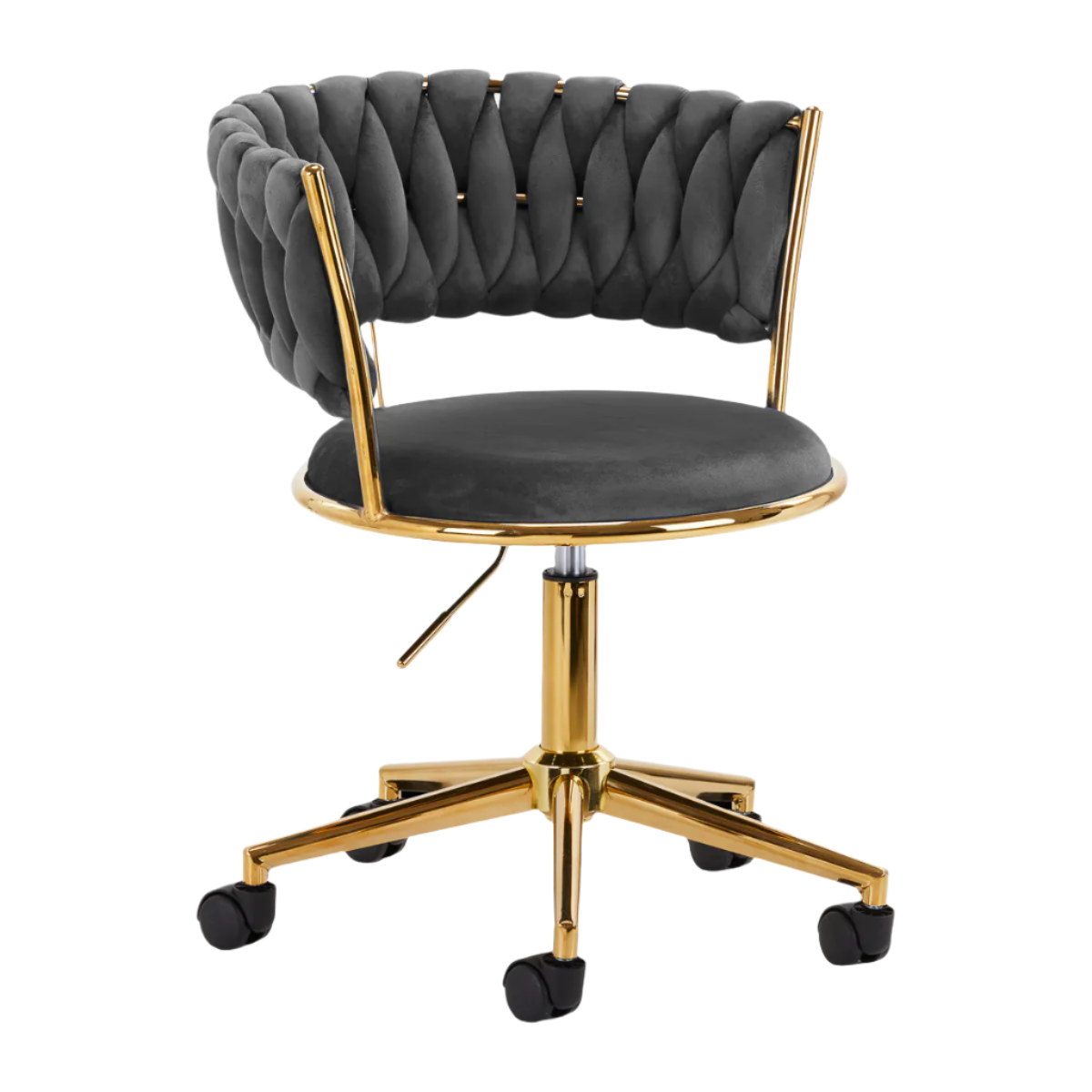 Silla terciopelo gris hidráulica con respaldo y base dorada de 5 ruedas