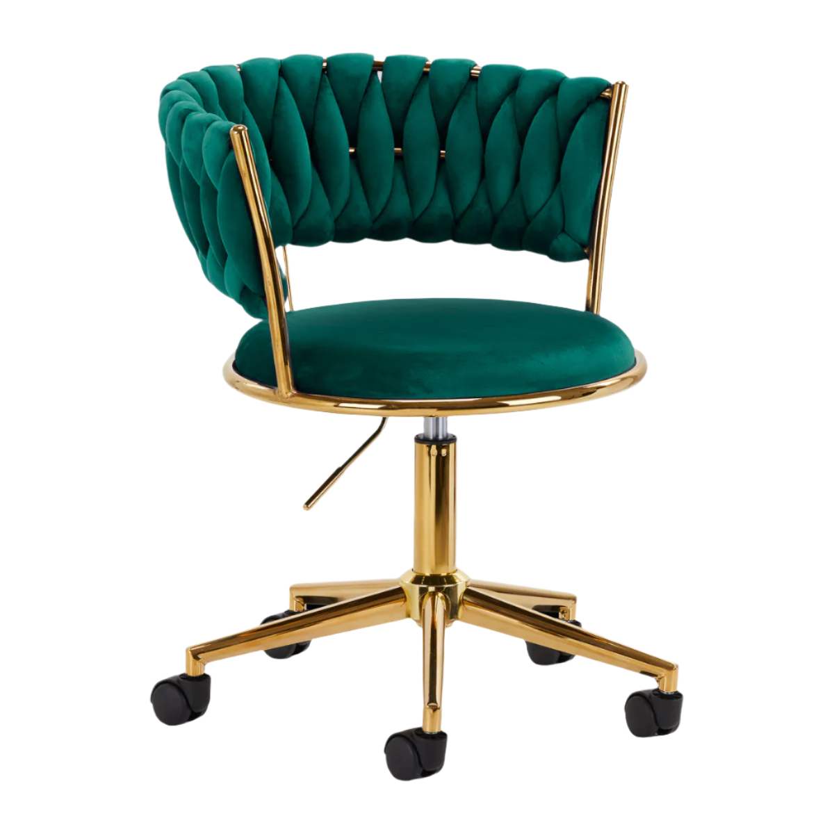 Silla terciopelo verde hidráulica con respaldo y base dorada de 5 ruedas