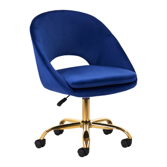 Silla hidráulica terciopelo azul con respaldo y base dorada de 5 ruedas