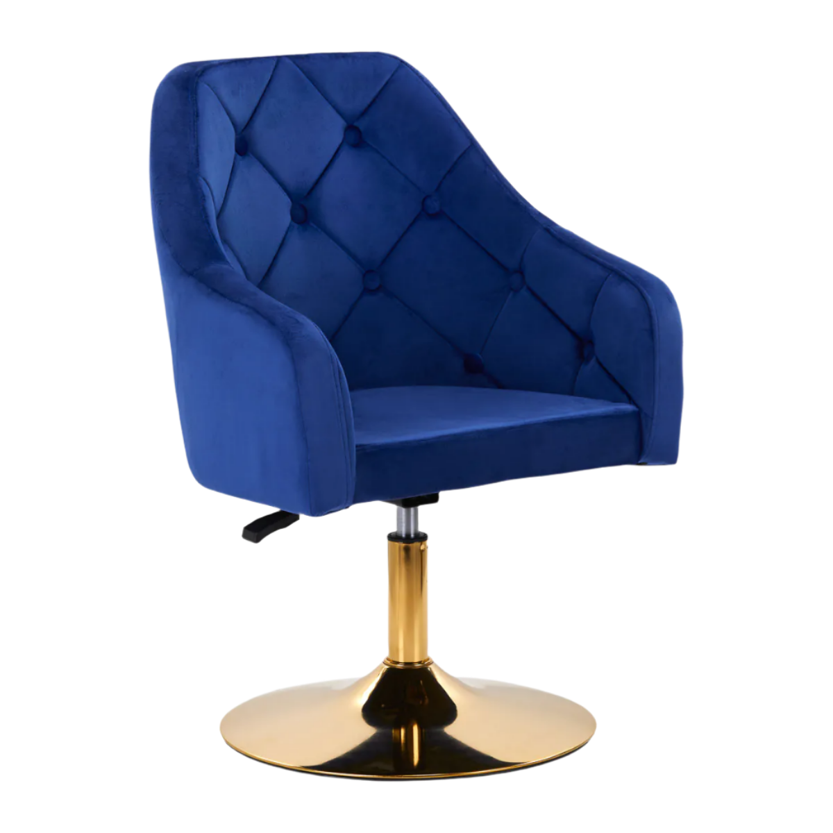 Silla terciopelo azul hidráulica con respaldo con base dorada