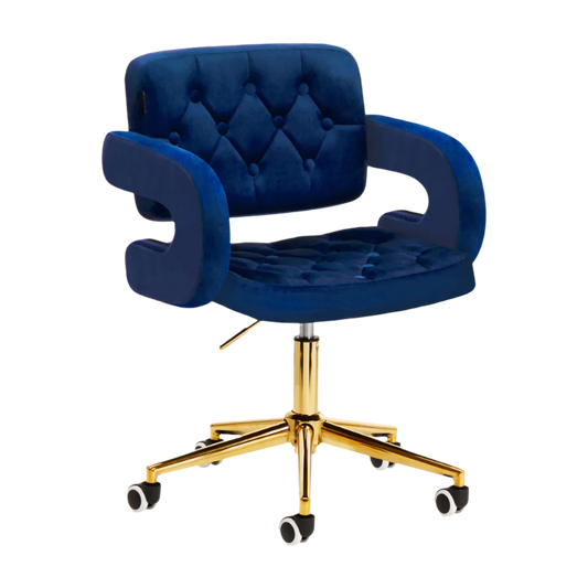 Silla azul terciopelo hidráulica con base dorada de 5 ruedas