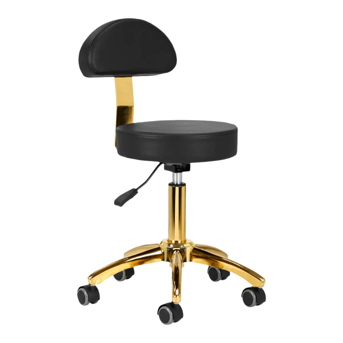 Silla hidráulica negra con respaldo con base dorada de 5 ruedas
