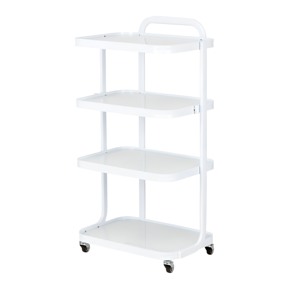 Carrito auxiliar de estética blanca con 4 estanterias de cristal