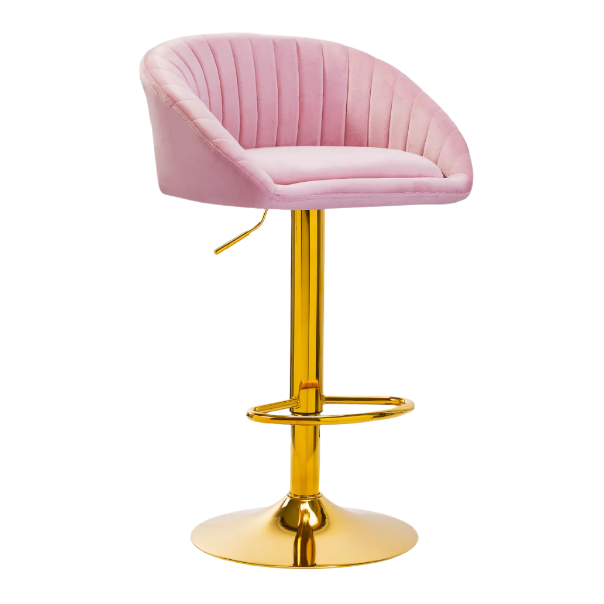 Taburete alto terciopelo rosa hidráulico con base dorada