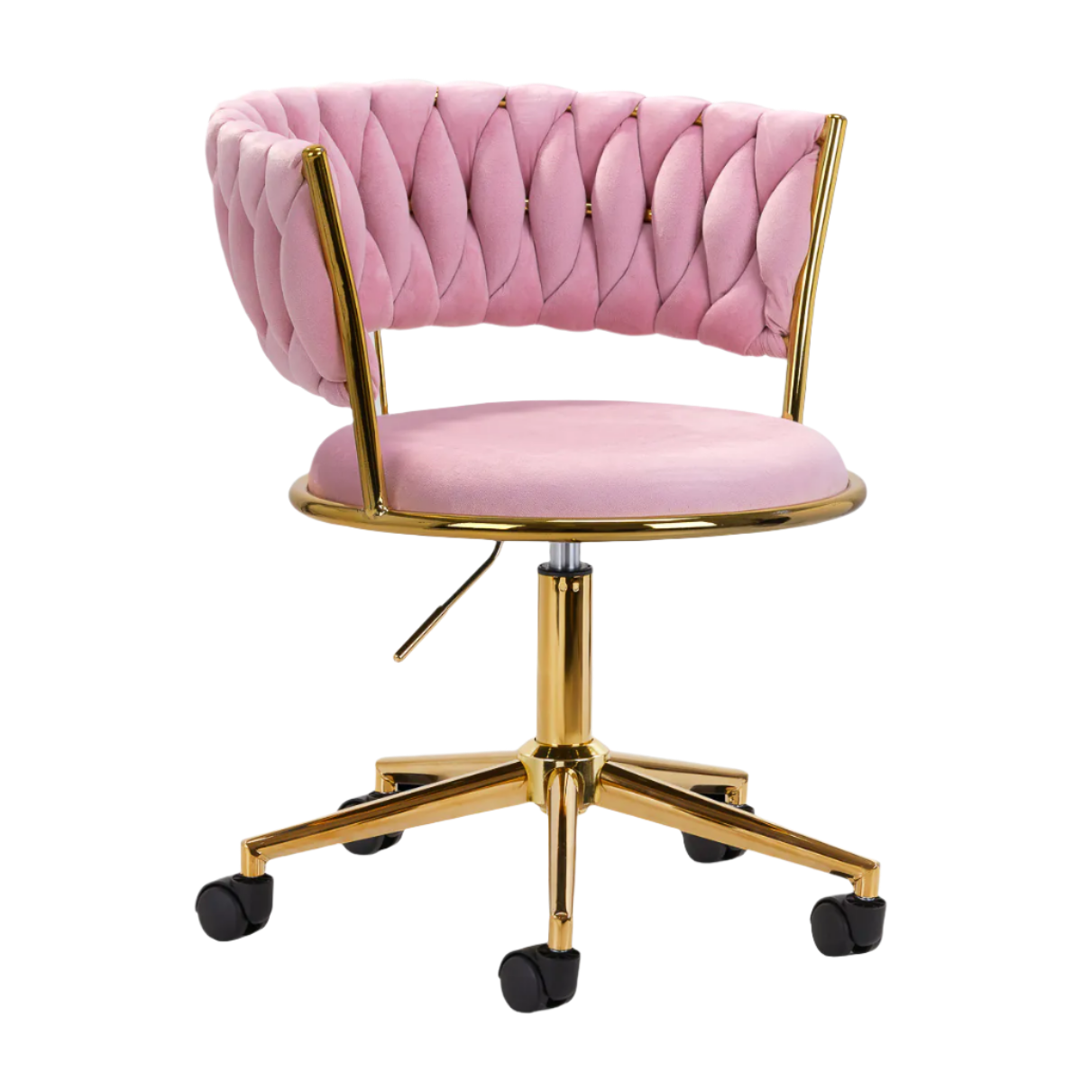 Silla terciopelo rosa hidráulica con respaldo y base dorada de 5 ruedas