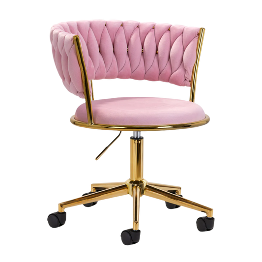 Silla terciopelo rosa hidráulica con respaldo y base dorada de 5 ruedas