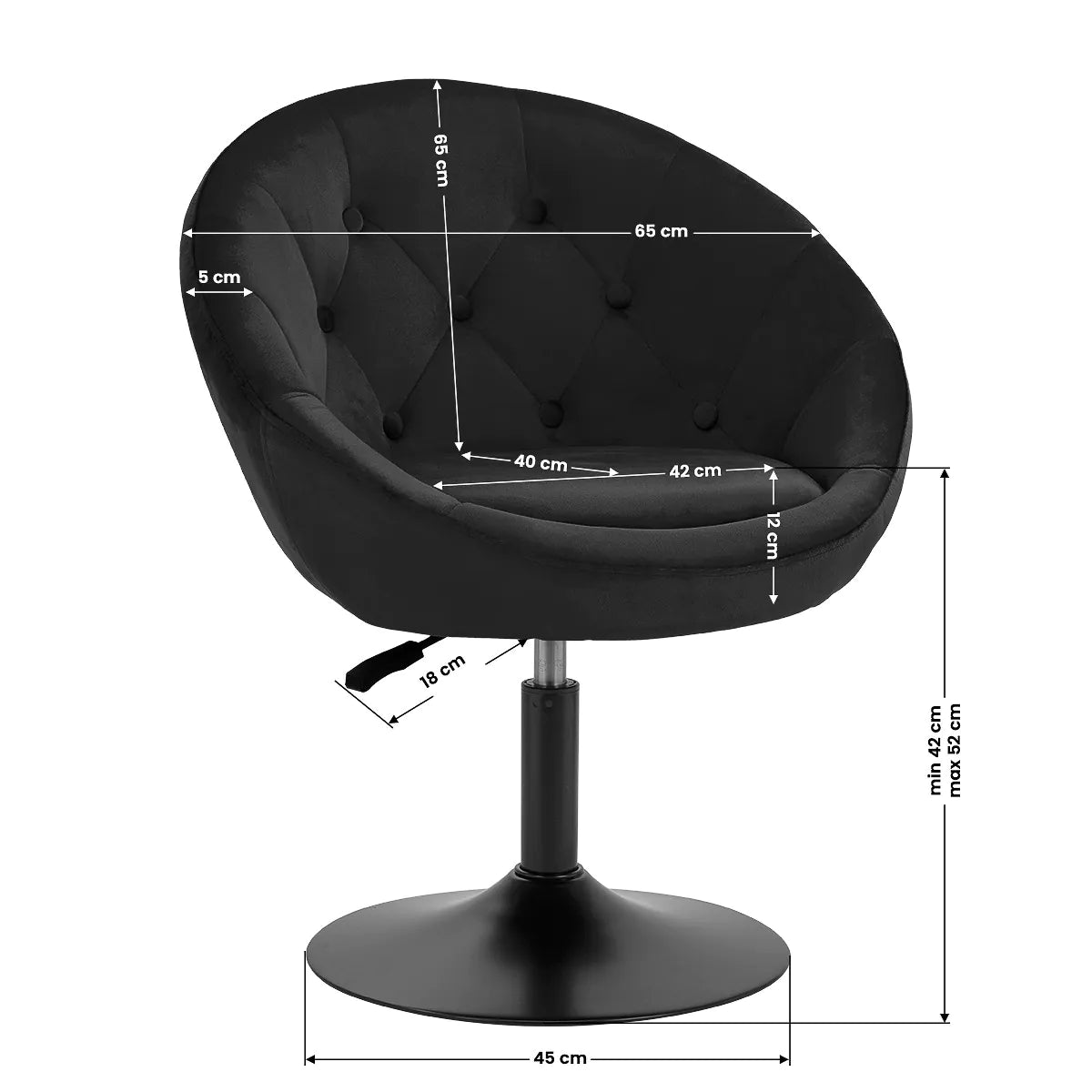 Hydraulic velvet chair with backrest and black base