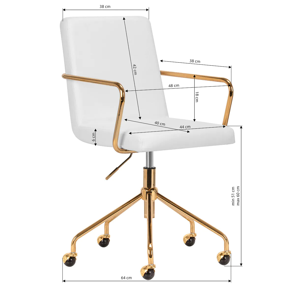 Hydraulic chair with backrest, armrests and gold base