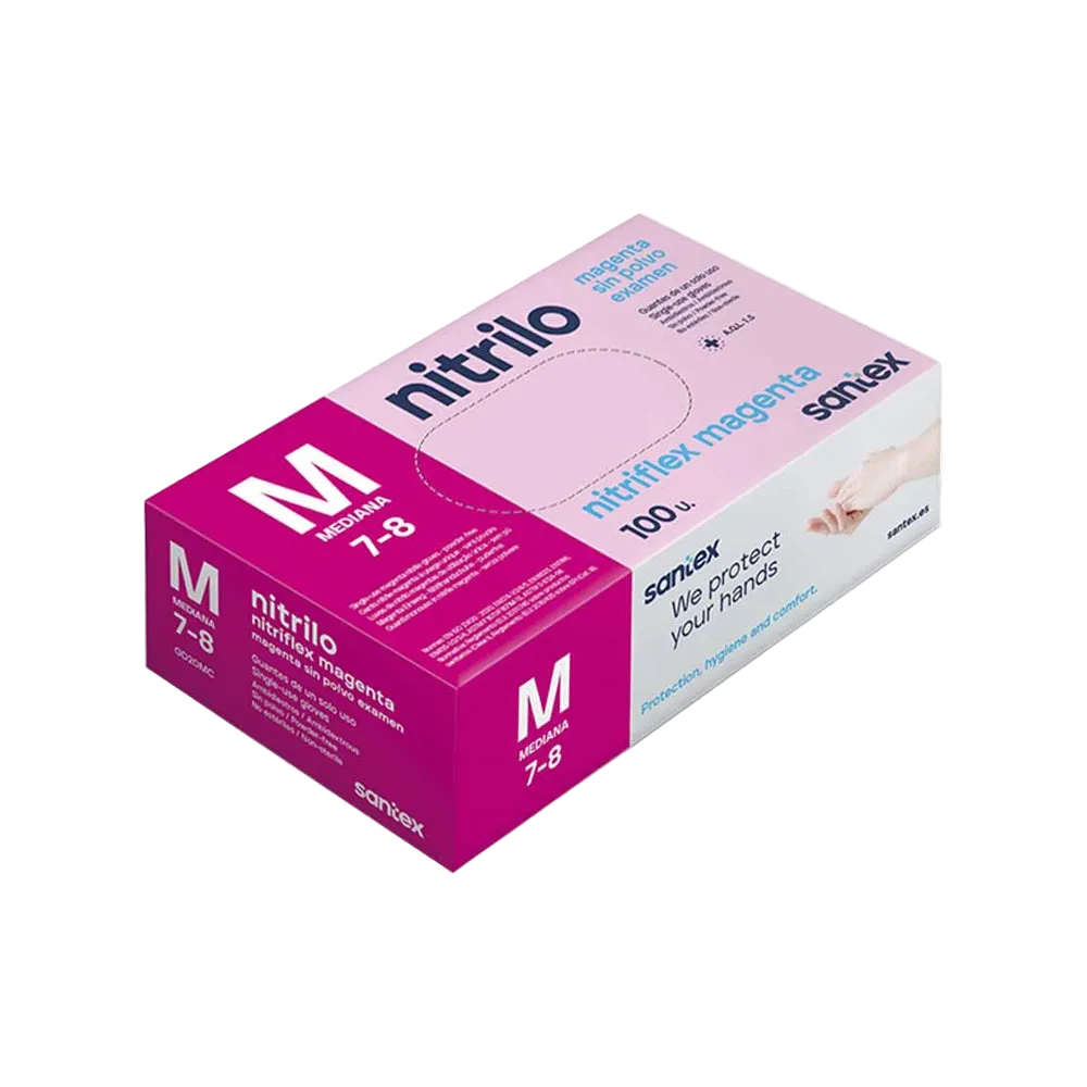 Guantes de Nitrilo Magenta sin Polvo Santex | Pack de 100 Uds. Grado Médico Clase I