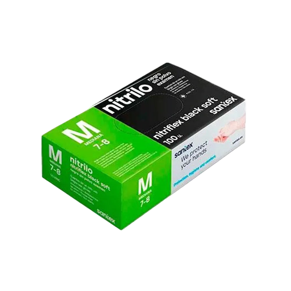 Guantes nitrilo sin polvo, color negros, marca Santex, 100 uds.