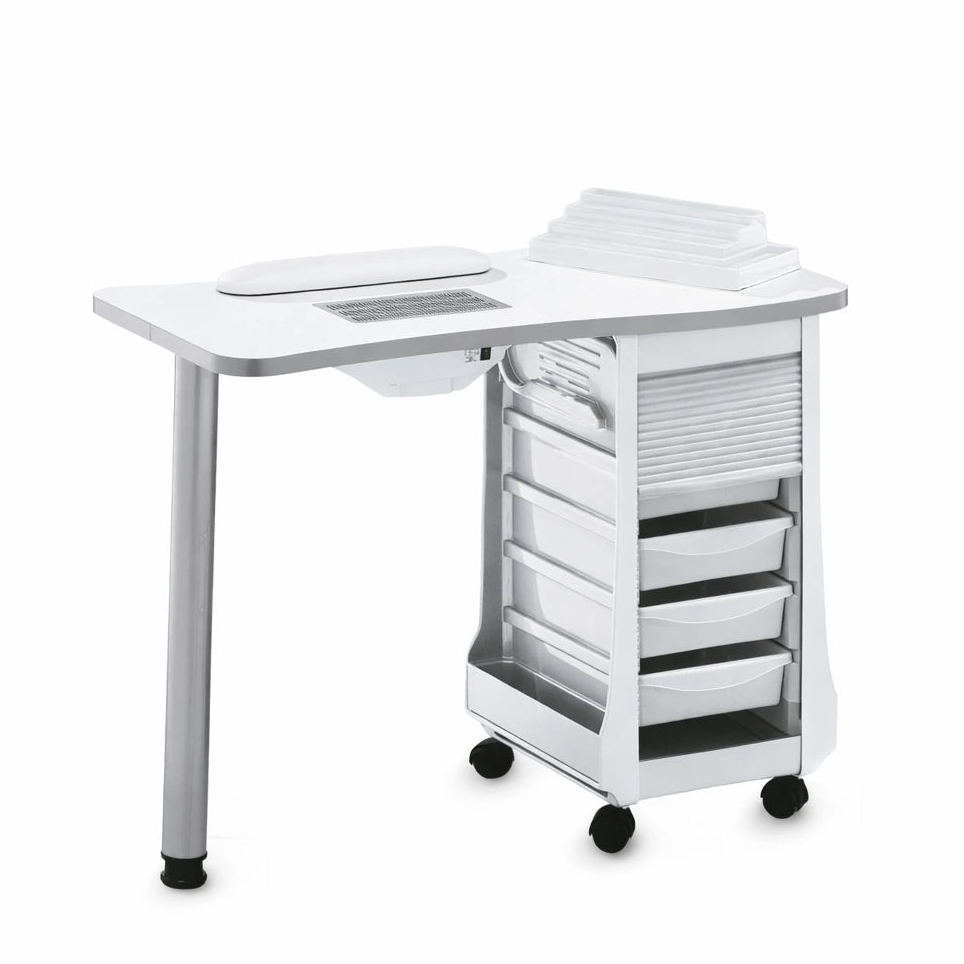 Mesa de Manicura en Madera Blanca con Aspiro y Ruedas – Funcionalidad y Ergonomía