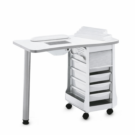 Mesa de Manicura en Madera Blanca con Aspiro y Ruedas – Funcionalidad y Ergonomía
