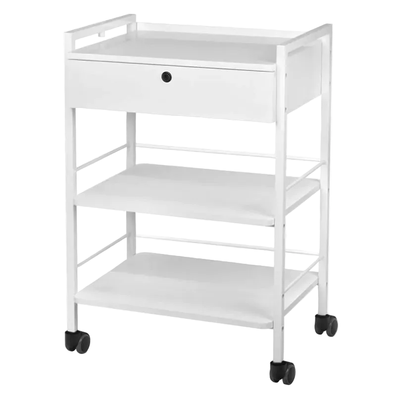 Mesa Auxiliar de Estética Giovanni 1019A Blanca: Estructura Metálica Reforzada, Baldas de Madera y Movilidad Fluida