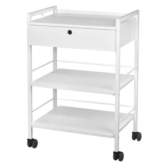 Mesa Auxiliar de Estética Giovanni 1019A Blanca: Estructura Metálica Reforzada, Baldas de Madera y Movilidad Fluida