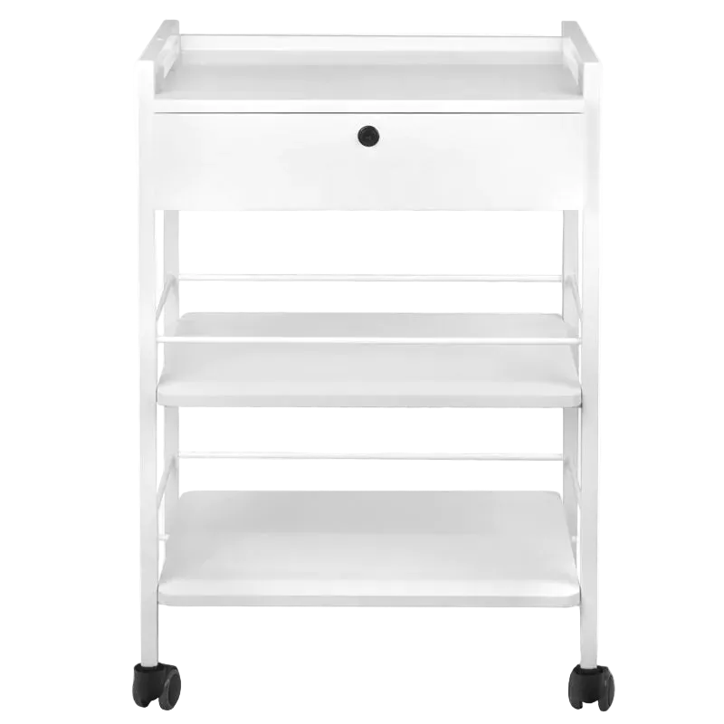 Mesa Auxiliar de Estética Giovanni 1019A Blanca: Estructura Metálica Reforzada, Baldas de Madera y Movilidad Fluida