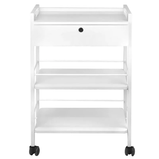 Mesa Auxiliar de Estética Giovanni 1019A Blanca: Estructura Metálica Reforzada, Baldas de Madera y Movilidad Fluida