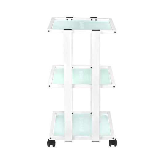 Mesa Auxiliar de Estética Giovanni 1041 Blanca: cristal templado, chasis metálico y movilidad sin ruido