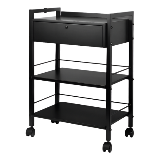 Carrito auxiliar negro Pro Ink con estanterías de madera y cajón
