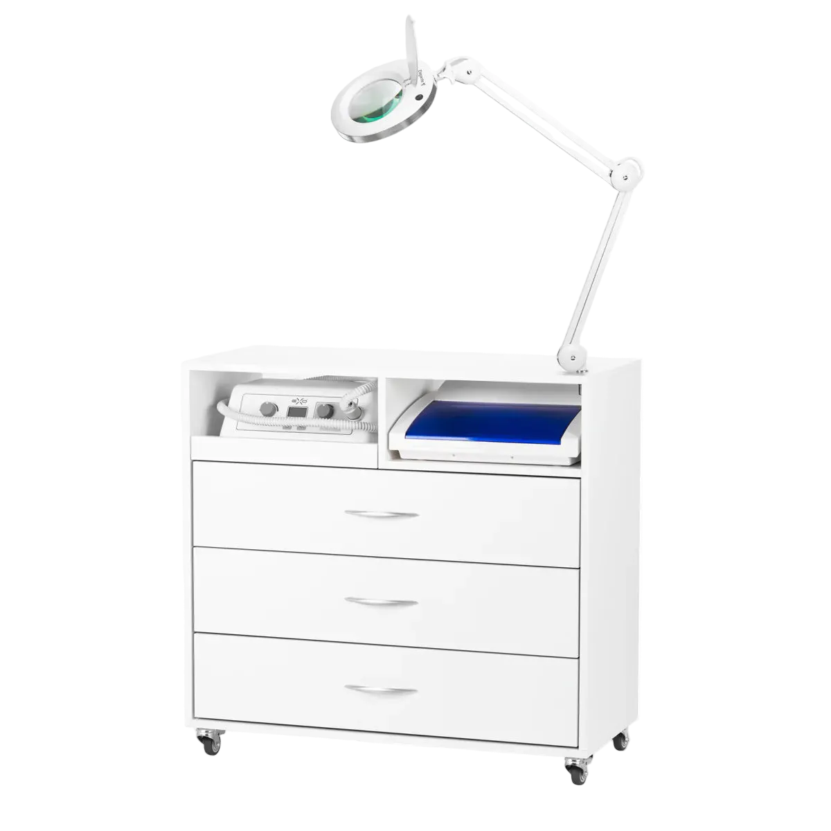 Estación de Trabajo Ergonómica Completa con Torno con Aspiración Exo Podo Line, Lámpara Lupa Elegante 6025 y Esterilizador UV-C