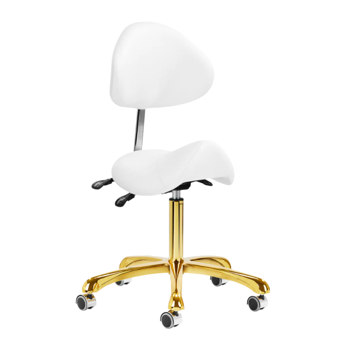 Silla rodeo ergonómica blanca ajustable de altura e  inclinación de asiento y respaldo con base dorada de 5 ruedas 