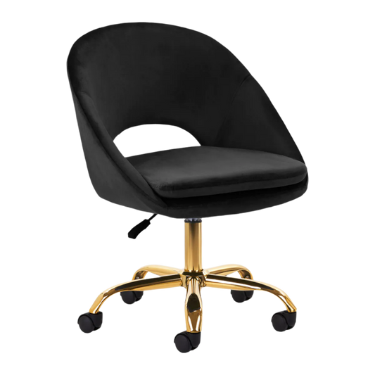 Silla hidráulica terciopelo negra con respaldo y base dorada de 5 ruedas