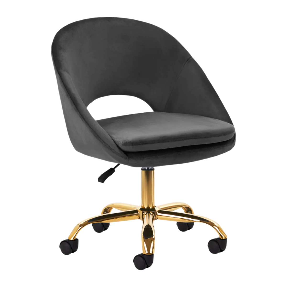 Silla hidráulica terciopelo gris con respaldo y base dorada de 5 ruedas