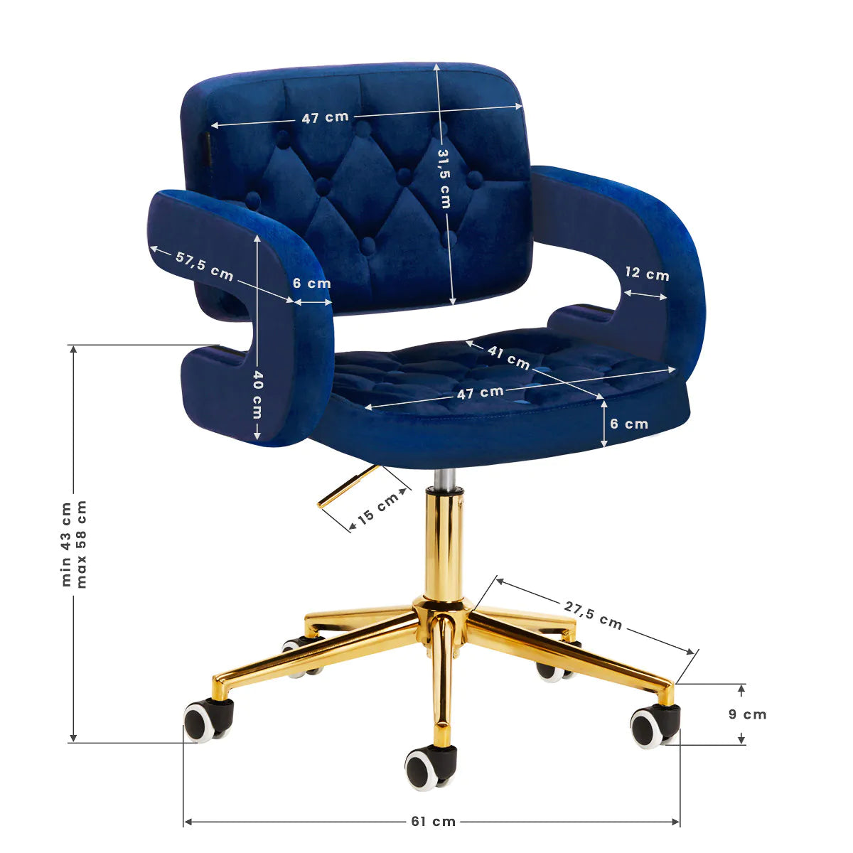 Chaise réglable en velours avec vérin à gaz et rotation à 360º