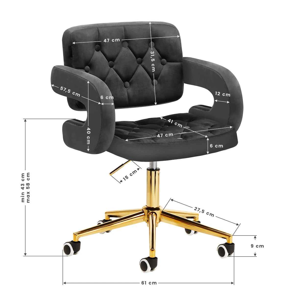 Chaise réglable en velours avec vérin à gaz et rotation à 360º
