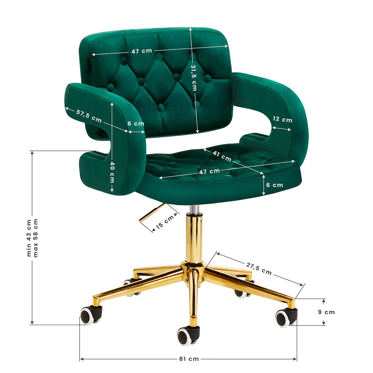 Chaise réglable en velours avec vérin à gaz et rotation à 360º