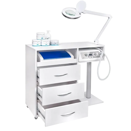 Estación Profesional de Podología con Torno con Aspiración Exo Podo Line, Lámpara Lupa Elegante 6025 y Esterilizador UV-C Blue