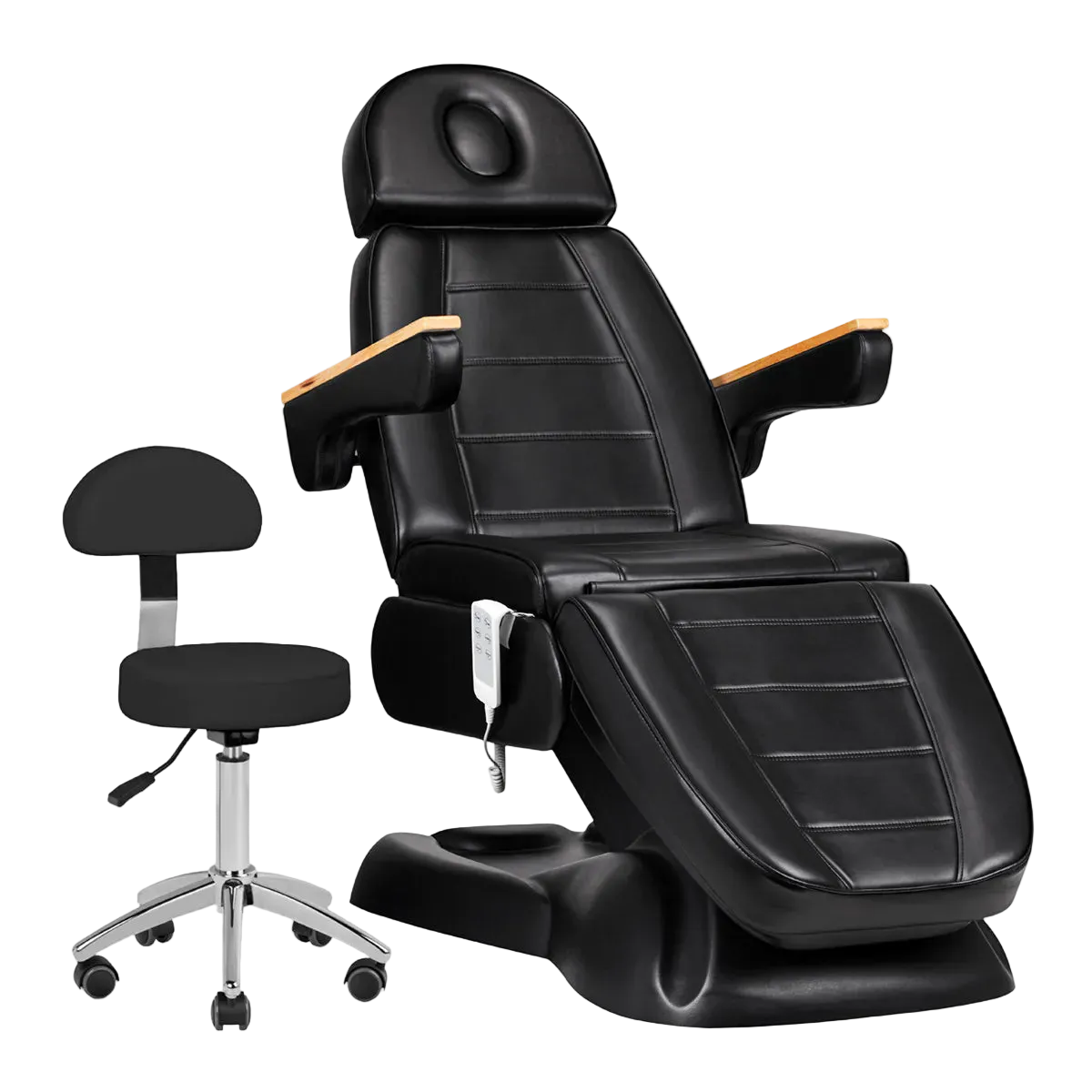 Set Profesional de Cabina Estético-Médica: Camilla Motorizada Multiajustable y Taburete Rodante de Postura Ergonómica