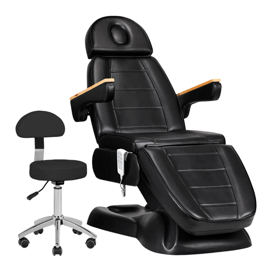 Set Profesional de Cabina Estético-Médica: Camilla Motorizada Multiajustable y Taburete Rodante de Postura Ergonómica