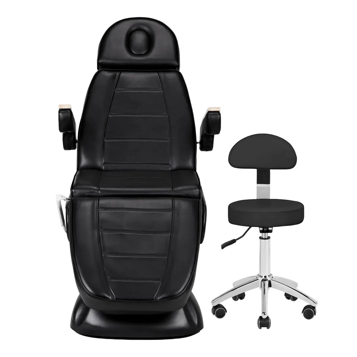 Set Profesional de Cabina Estético-Médica: Camilla Motorizada Multiajustable y Taburete Rodante de Postura Ergonómica