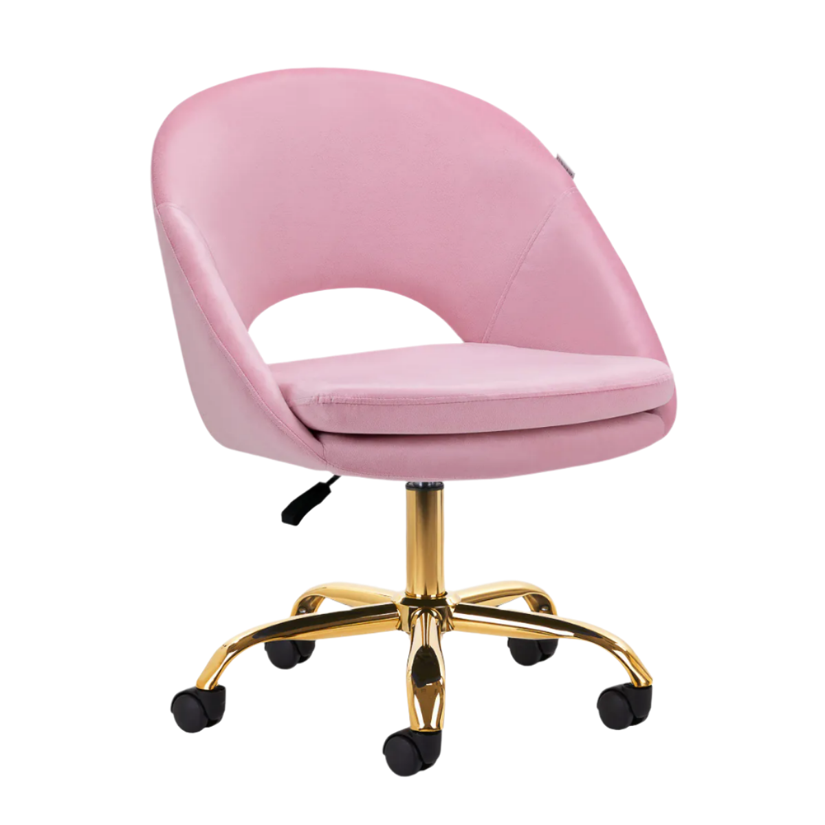 Silla hidráulica terciopelo rosa con respaldo y base dorada de 5 ruedas