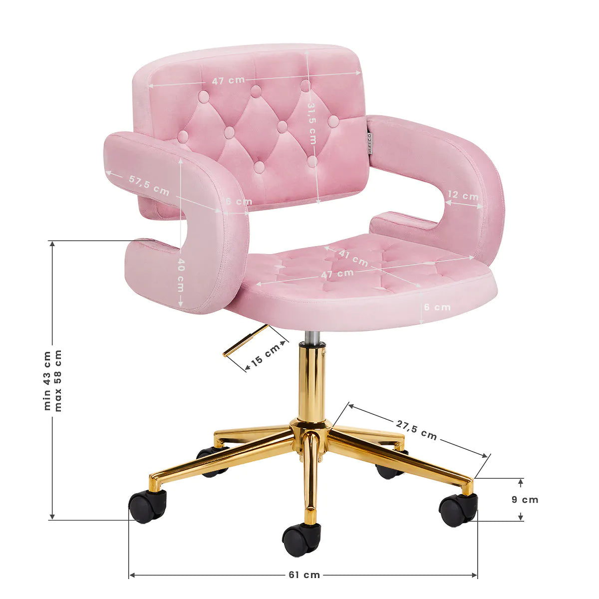 Chaise réglable en velours avec vérin à gaz et rotation à 360º