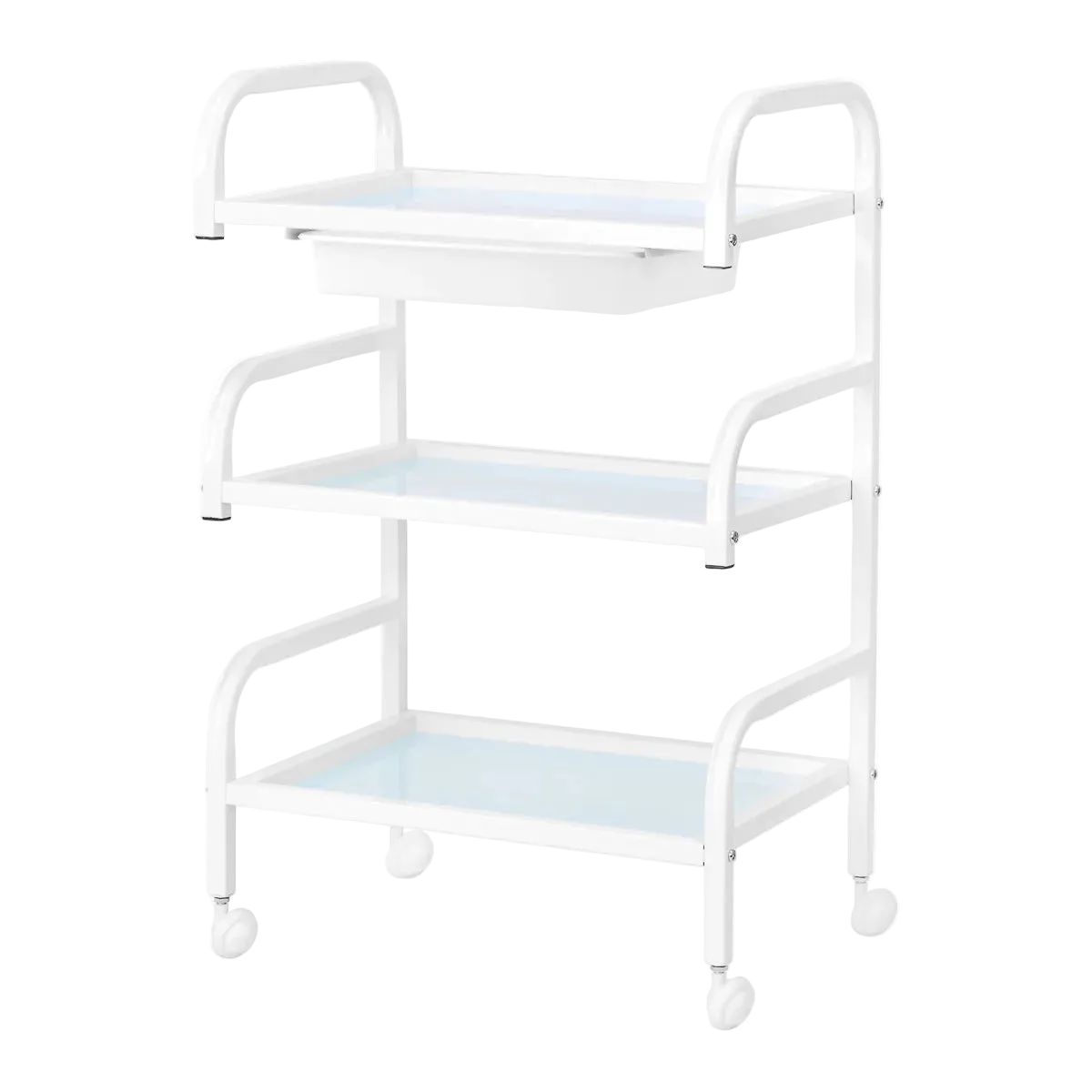 Mesa auxiliar de estética en aluminio blanco y cristal