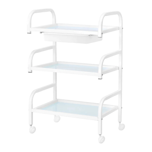 Mesa auxiliar de estética en aluminio blanco y cristal