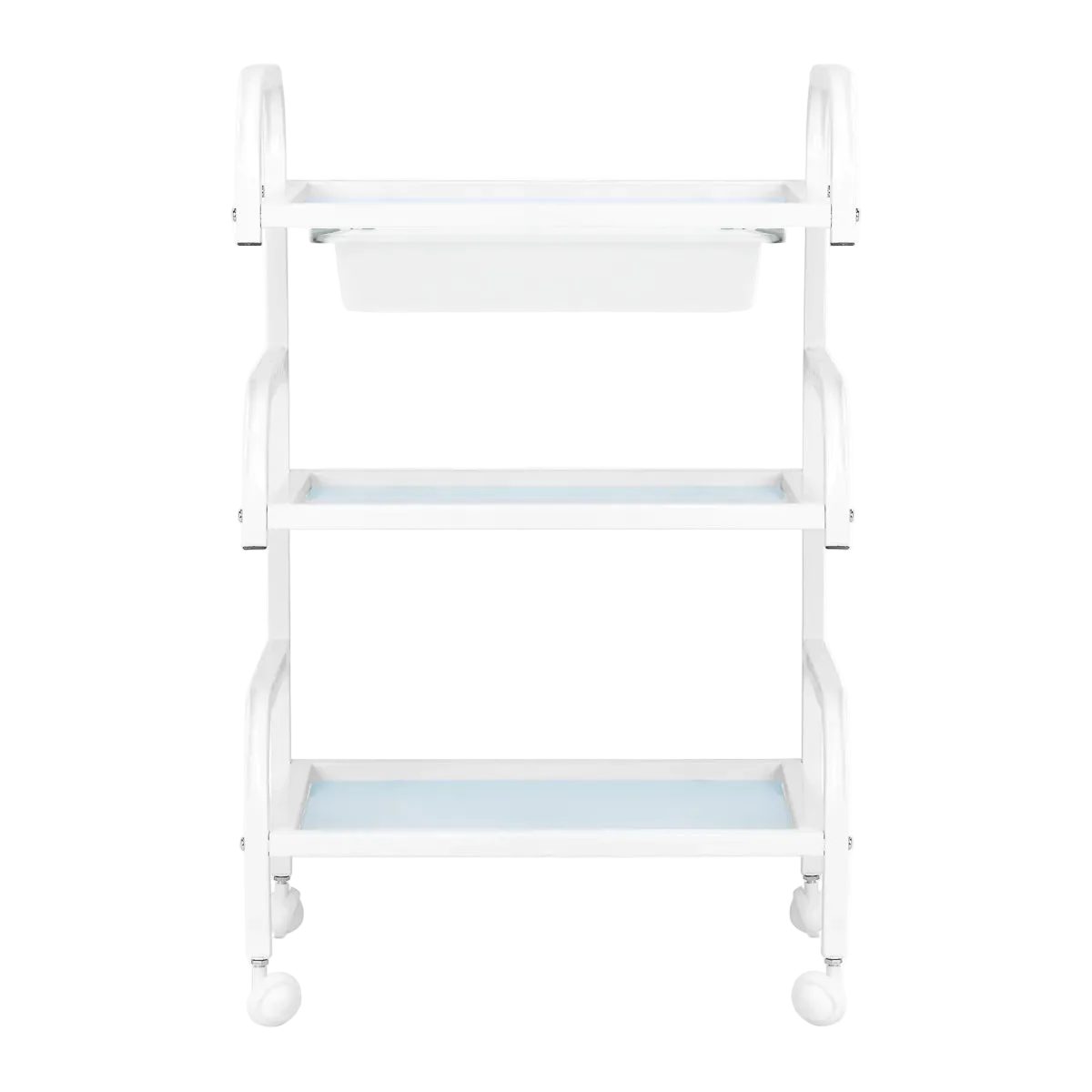 Mesa auxiliar de estética en aluminio blanco y cristal