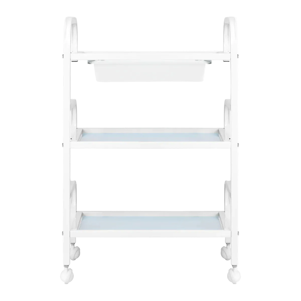 Mesa auxiliar de estética en aluminio blanco y cristal