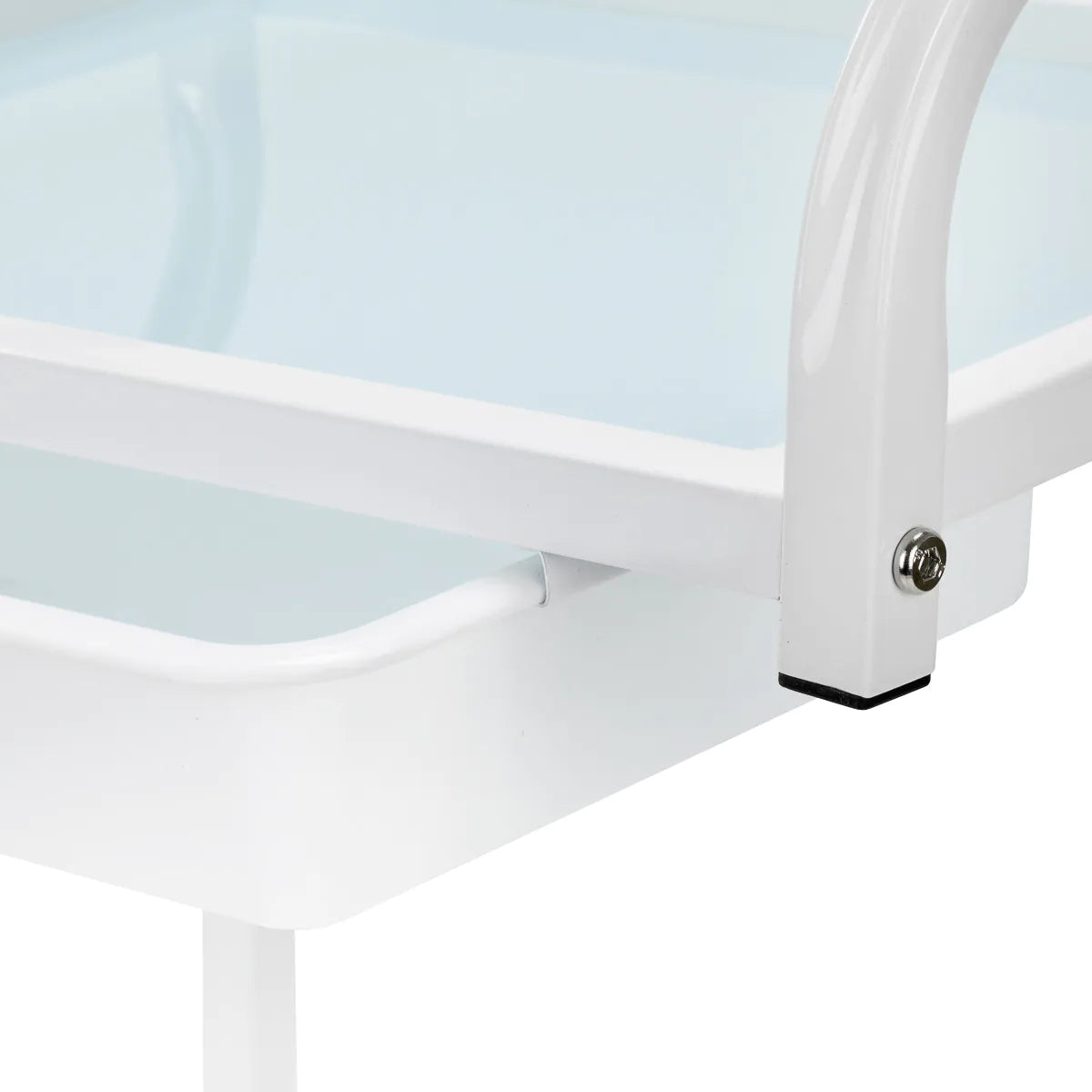 Mesa auxiliar de estética en aluminio blanco y cristal